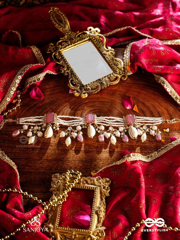 MANOHARA - CHARMING BEAUTY- ROYAL KUNDAN NECKLACE WITH PEARL STRINGS, SHELLS AND PINK GEM EMBELLISHMENTS
