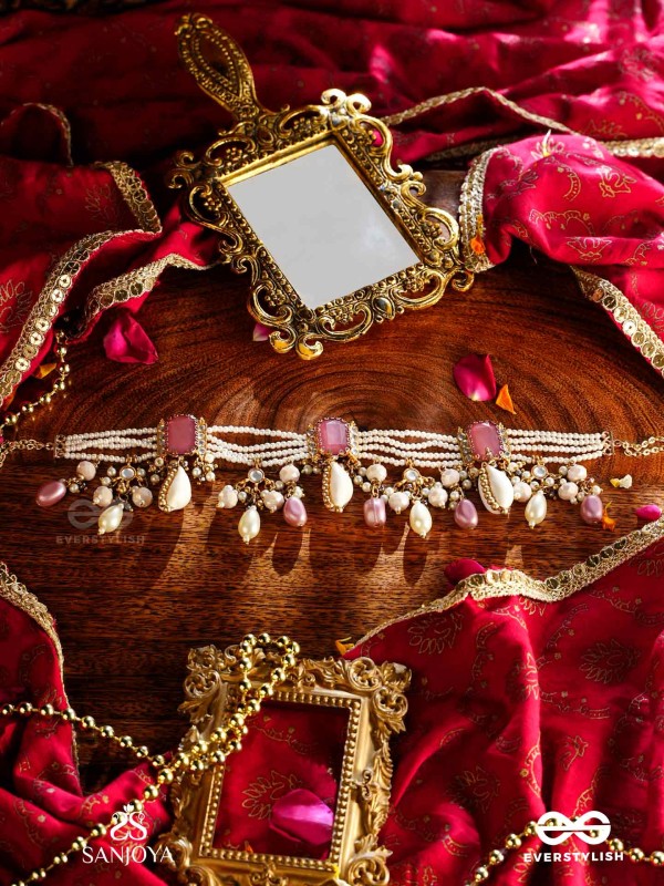 MANOHARA - CHARMING BEAUTY- ROYAL KUNDAN NECKLACE WITH PEARL STRINGS, SHELLS AND PINK GEM EMBELLISHMENTS