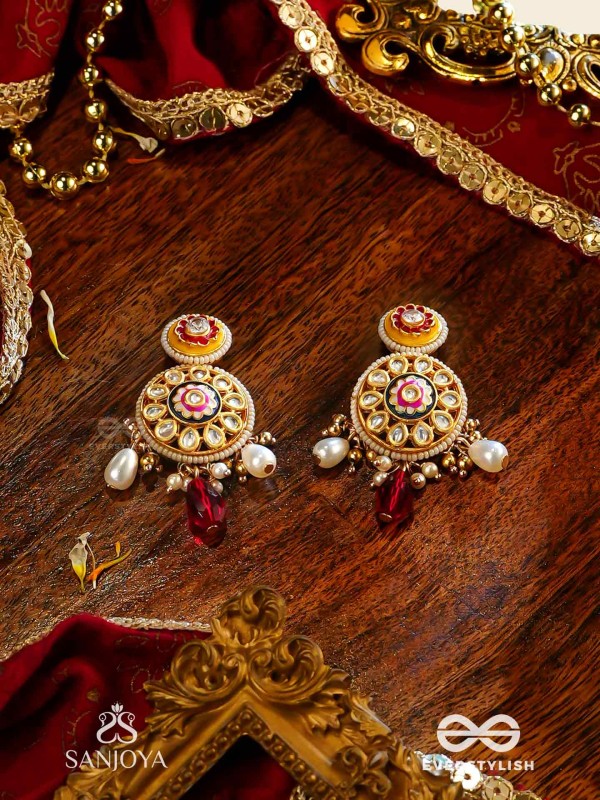 DIVYANJALI - DIVINE OFFERING-  KUNDAN, PEARLS, AND RED STONES HANDMADE EARRINGS