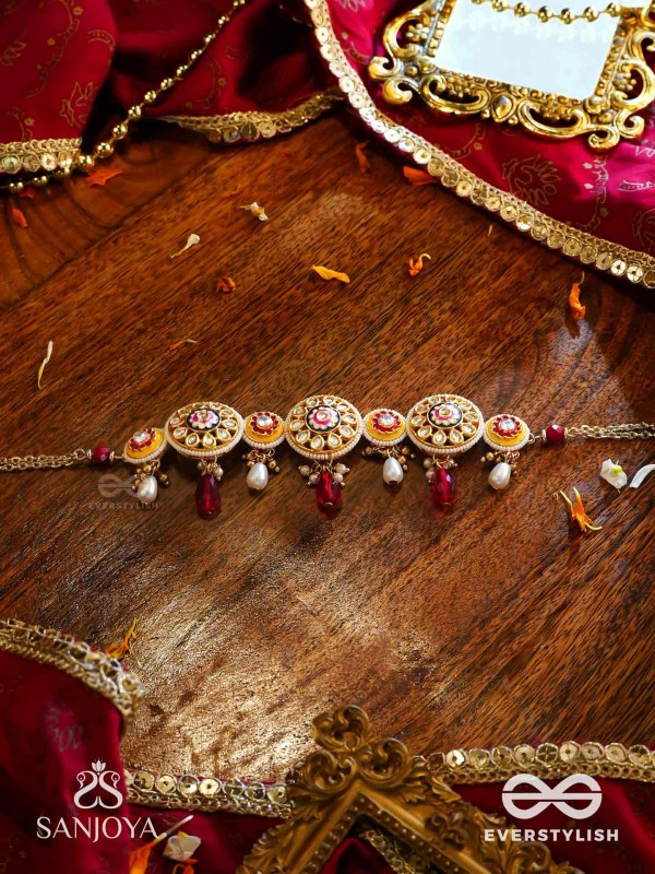 DIVYANJALI - DIVINE OFFERING-  KUNDAN, PEARLS, AND RED STONES HANDMADE NECKLACE