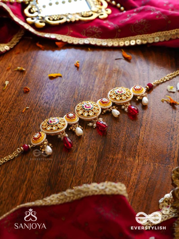 DIVYANJALI - DIVINE OFFERING-  KUNDAN, PEARLS, AND RED STONES HANDMADE NECKLACE