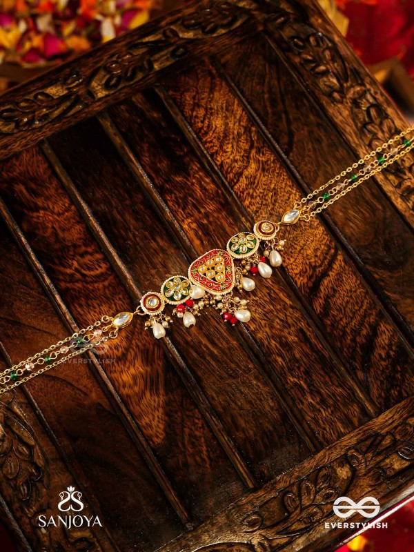 SUNDARIKA - BEAUTIFUL ONE - INTRICATE KUNDAN NECKLACE WITH ENAMEL WORK AND PEARL DROPS