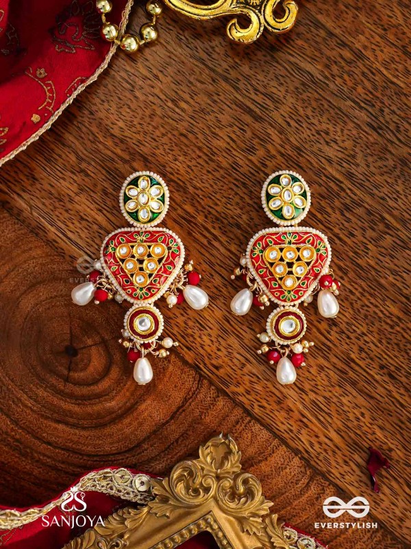 SUNDARIKA - BEAUTIFUL ONE - INTRICATE KUNDAN EARRINGS WITH ENAMEL WORK AND PEARL DROPS