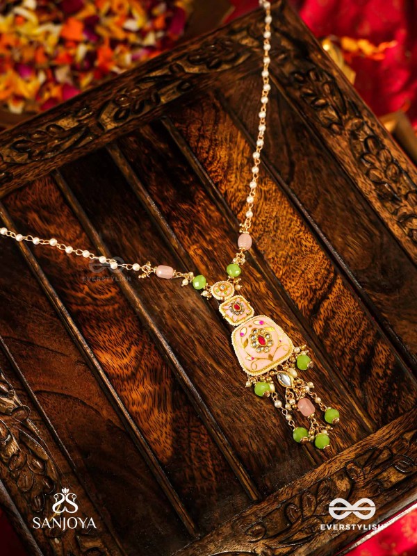 MADHUVRATA – SWEET AS SPRING BLOOM - GRACEFUL PINK ENAMELLED PENDANT NECKLACE WITH KUNDAN GREEN BEADS AND PEARL DROPS
