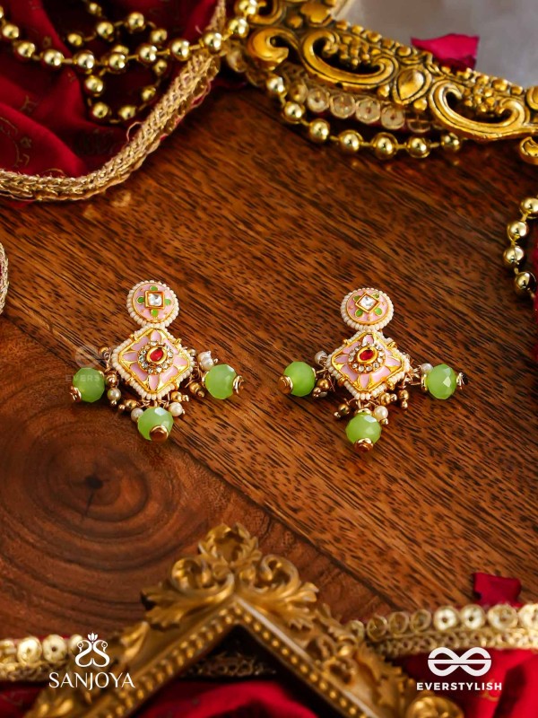 MADHUVRATA – SWEET AS SPRING BLOOM - GRACEFUL PINK ENAMELLED EARRINGS WITH KUNDAN GREEN BEADS AND PEARL DROPS