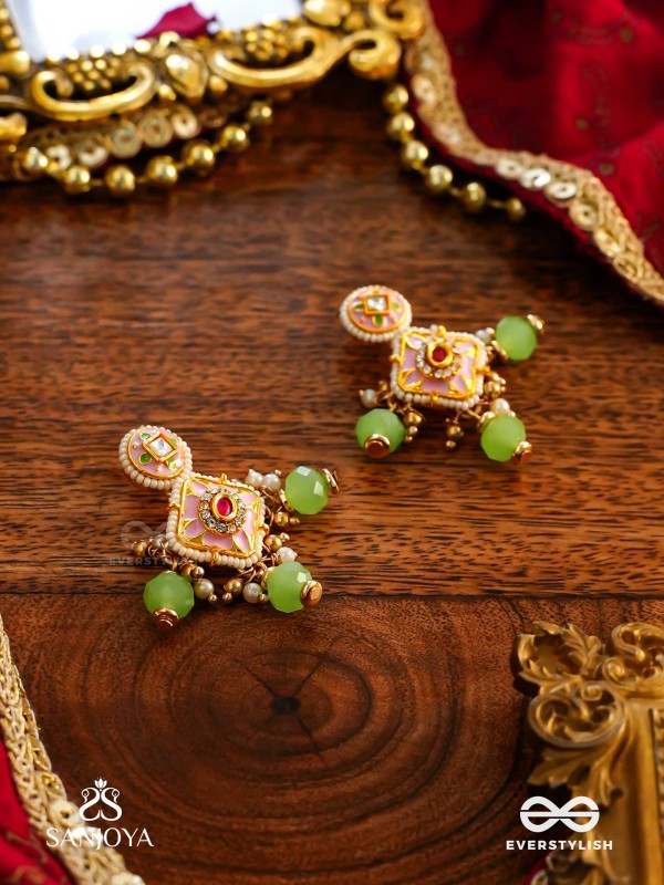 MADHUVRATA – SWEET AS SPRING BLOOM - GRACEFUL PINK ENAMELLED EARRINGS WITH KUNDAN GREEN BEADS AND PEARL DROPS