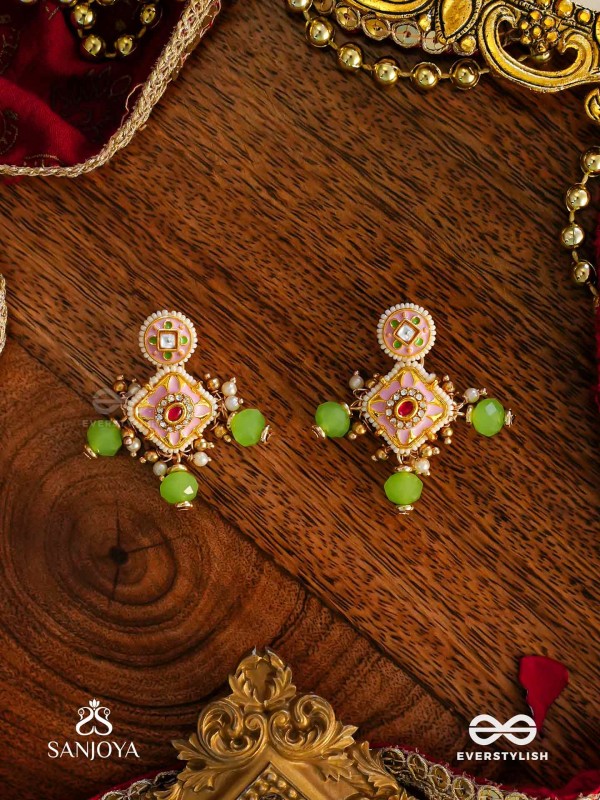 MADHUVRATA – SWEET AS SPRING BLOOM - GRACEFUL PINK ENAMELLED EARRINGS WITH KUNDAN GREEN BEADS AND PEARL DROPS