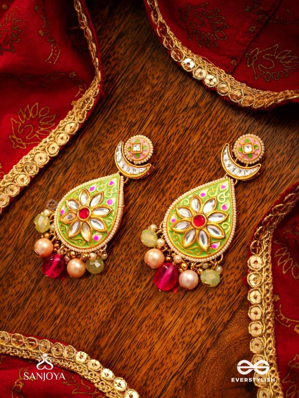 MADHUBHUSHANA - ADORNED WITH SWEETNESS - HANDCRAFTED KUNDAN ENAMEL EARRINGS WITH PEARL AND GEM DROPS
