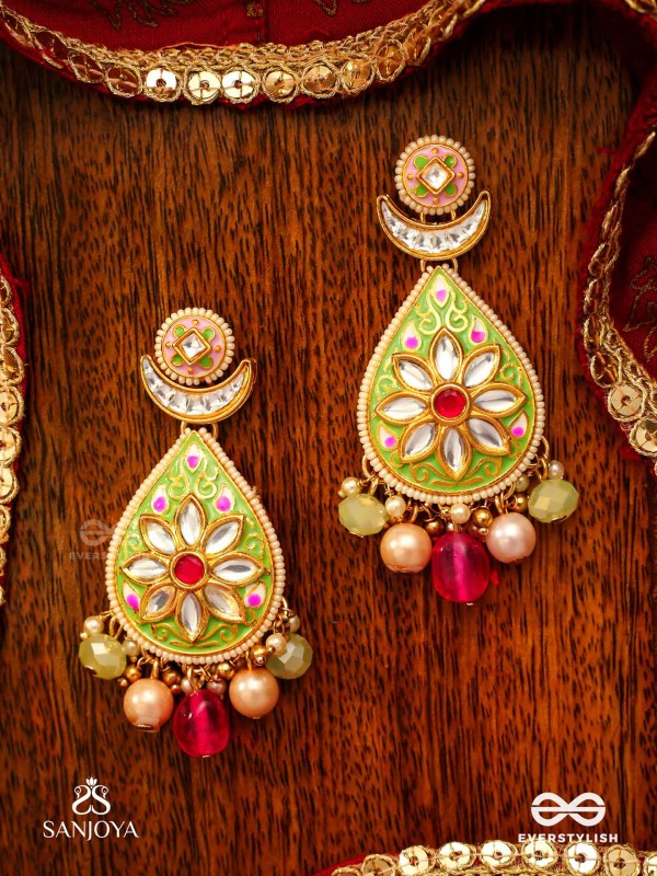 MADHUBHUSHANA - ADORNED WITH SWEETNESS - HANDCRAFTED KUNDAN ENAMEL EARRINGS WITH PEARL AND GEM DROPS