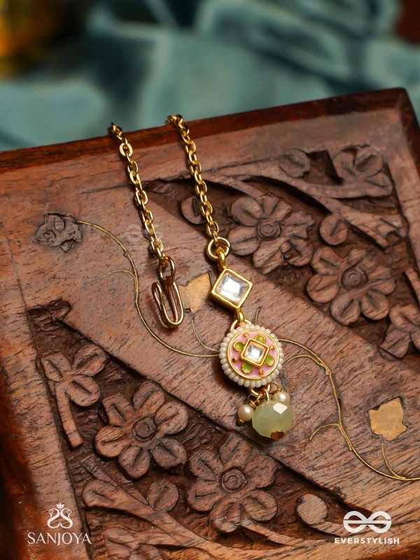 MADHUBHUSHANA - ADORNED WITH SWEETNESS - HANDCRAFTED KUNDAN ENAMEL MAANGTIKA WITH PEARL AND GEM DROPS