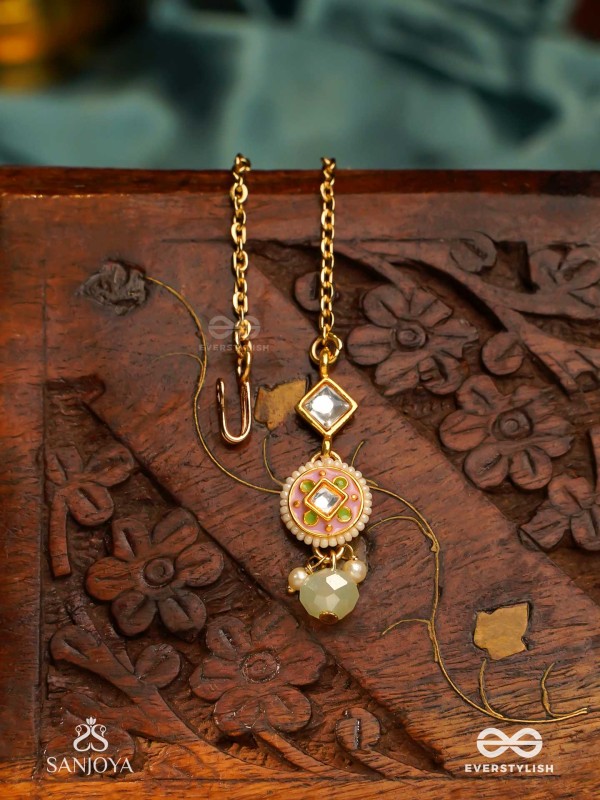 MADHUBHUSHANA - ADORNED WITH SWEETNESS - HANDCRAFTED KUNDAN ENAMEL MAANGTIKA WITH PEARL AND GEM DROPS
