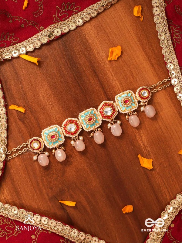 PUSHPAKSHI - BLOSSOMING BEAUTY - DELICATE KUNDAN MULTI-TONED ENAMEL CHOKER WITH DAINTY GEMSTONE DROPS