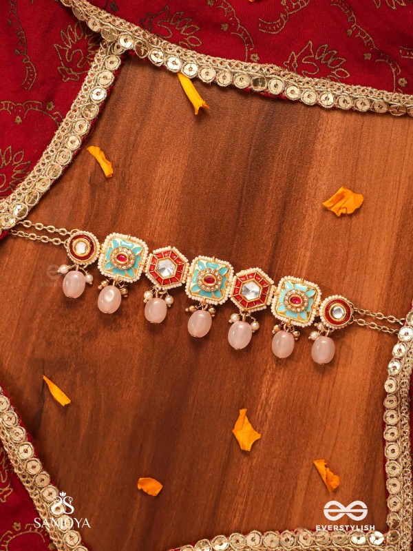 PUSHPAKSHI - BLOSSOMING BEAUTY - DELICATE KUNDAN MULTI-TONED ENAMEL CHOKER WITH DAINTY GEMSTONE DROPS