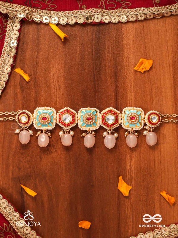 PUSHPAKSHI - BLOSSOMING BEAUTY - DELICATE KUNDAN MULTI-TONED ENAMEL CHOKER WITH DAINTY GEMSTONE DROPS