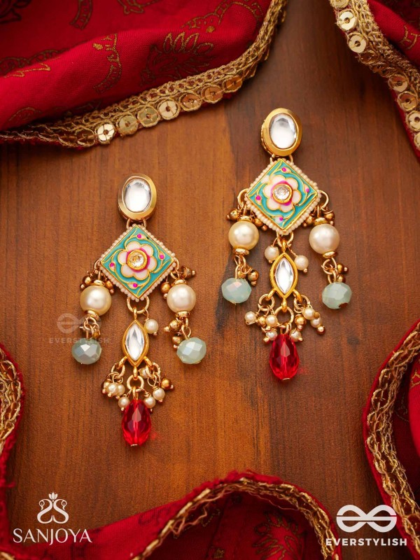 ANUPAMA - INCOMPARABLE BEAUTY - STATEMENT ENAMELLED KUNDAN EARRINGS WITH DAZZLING PEARLS, BEADS AND GEMS