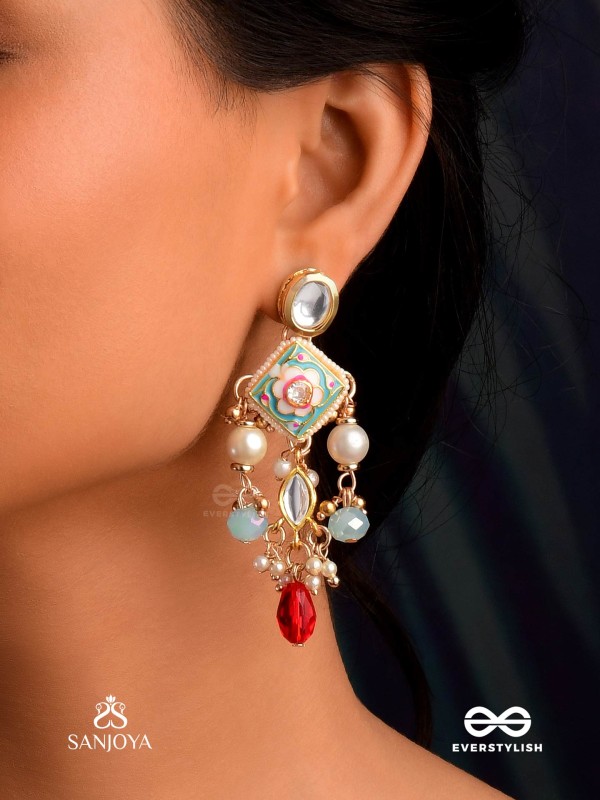 ANUPAMA - INCOMPARABLE BEAUTY - STATEMENT ENAMELLED KUNDAN EARRINGS WITH DAZZLING PEARLS, BEADS AND GEMS