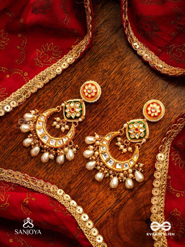 VIBHAVATI - ADORNED WITH RICHNESS - EXQUISITE KUNDAN EARRINGS WITH ENAMELLED POLKI DESIGN, PEARLS AND GEMSTONES