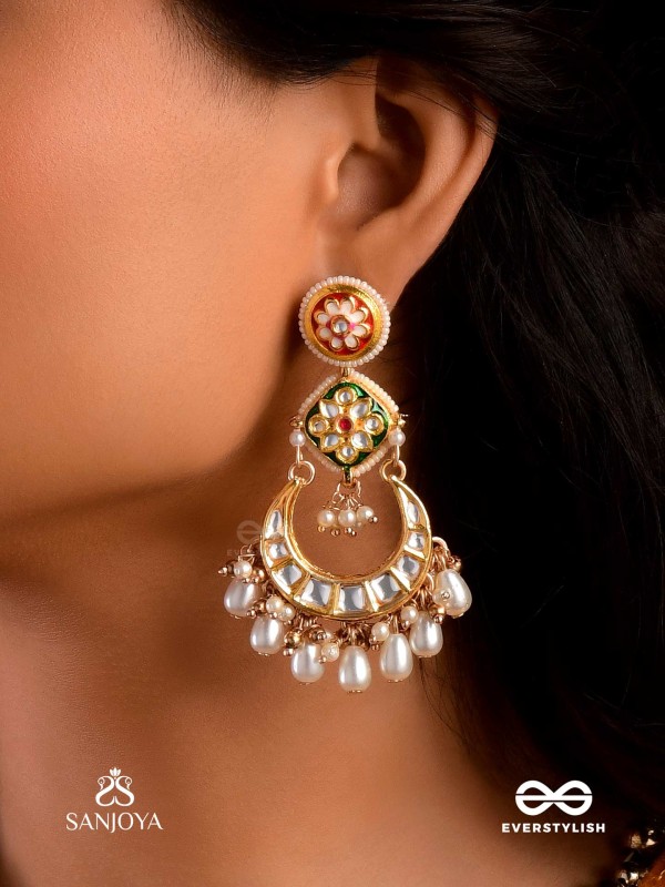 VIBHAVATI - ADORNED WITH RICHNESS - EXQUISITE KUNDAN EARRINGS WITH ENAMELLED POLKI DESIGN, PEARLS AND GEMSTONES