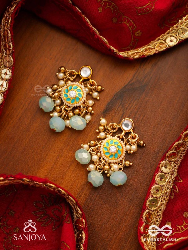 VARUNIKA - GODDESS OF WATER - GRACEFUL BLUE ENAMEL KUNDAN EARRINGS WITH LUSTROUS DROPS