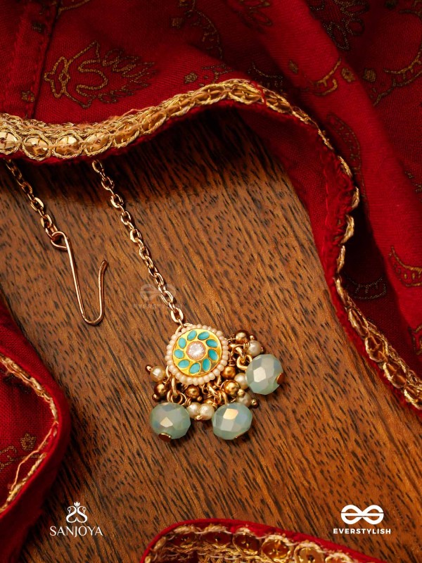 VARUNIKA - GODDESS OF WATER - GRACEFUL BLUE ENAMEL KUNDAN MAANGTIKA WITH LUSTROUS DROPS