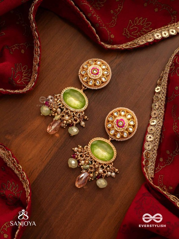 HARITRINA - GREEN AND PINK BEAUTY - ORNATE KUNDAN EARRINGS WITH FLORAL MOTIFS AND SPARKLING DROPS
