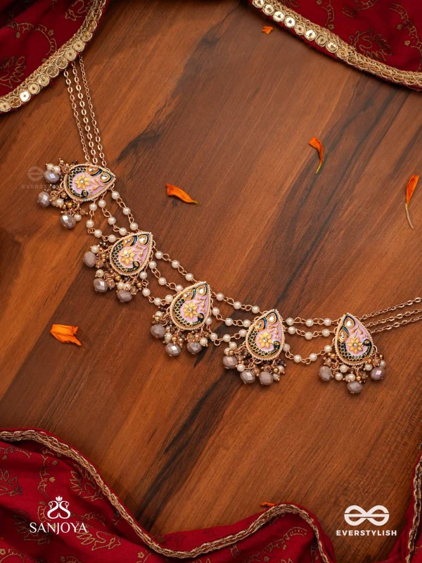 CHITRAMANI - JEWELLED ART - HANDCRAFTED KUNDAN NECKLACE WITH DETAILED ENAMEL WORK AND SOFT GEM DROPS