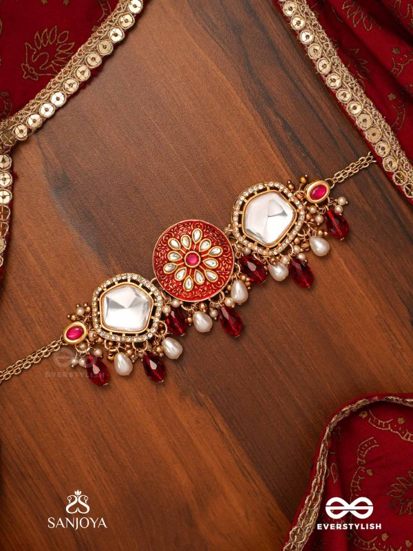 AGNITA - FIERY BEAUTY - INTRICATE KUNDAN RED POLKI CHOKER WITH DAZZLING MIRROR ACCENTS, PEARLS AND GEM FRINGES
