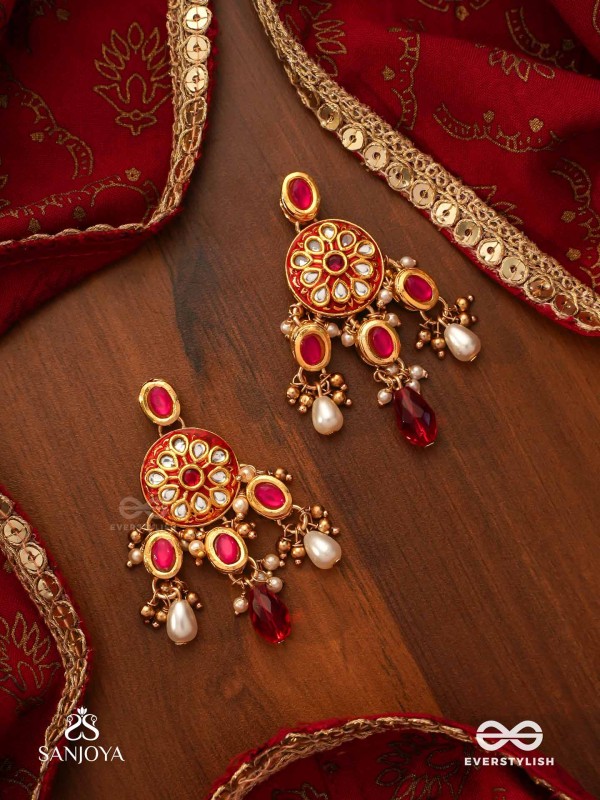 AGNITA - FIERY BEAUTY - INTRICATE KUNDAN RED POLKI EARRINGS WITH PEARLS AND GEM FRINGES