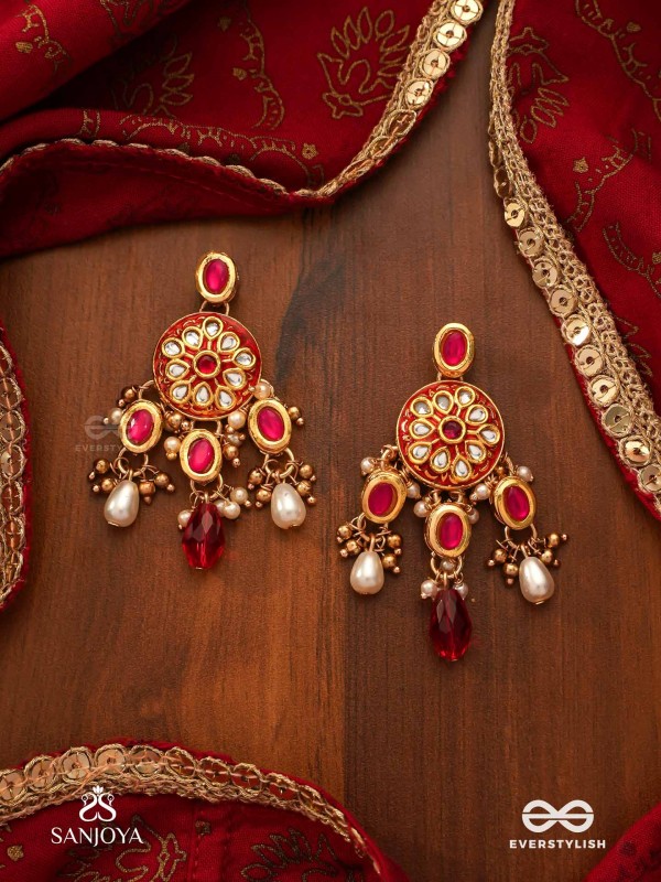 AGNITA - FIERY BEAUTY - INTRICATE KUNDAN RED POLKI EARRINGS WITH PEARLS AND GEM FRINGES
