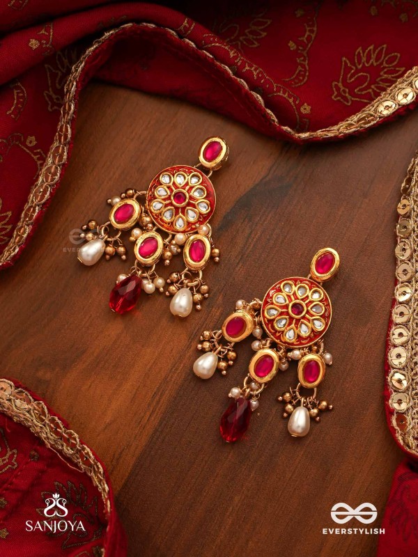 AGNITA - FIERY BEAUTY - INTRICATE KUNDAN RED POLKI EARRINGS WITH PEARLS AND GEM FRINGES