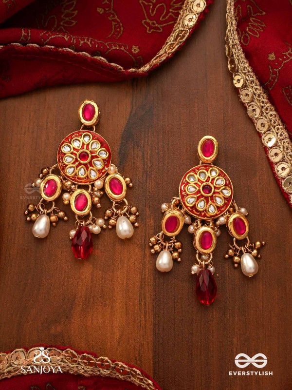 AGNITA - FIERY BEAUTY - INTRICATE KUNDAN RED POLKI EARRINGS WITH PEARLS AND GEM FRINGES