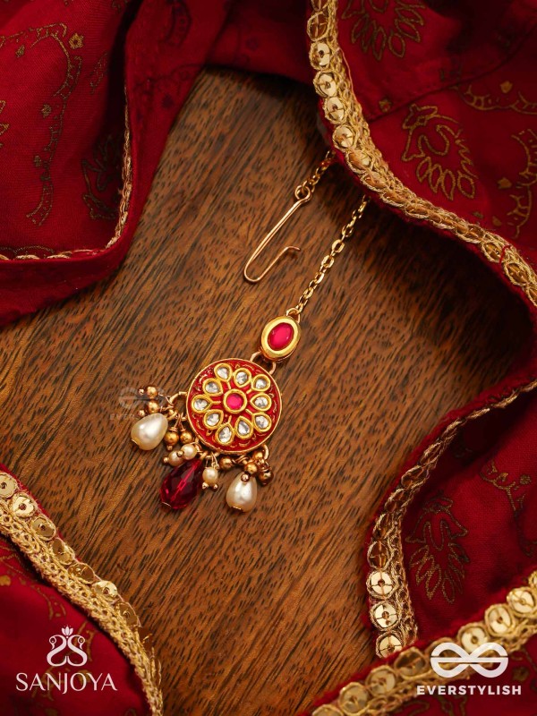 AGNITA - FIERY BEAUTY - INTRICATE KUNDAN RED POLKI MAANGTIKA WITH PEARLS AND GEM FRINGES