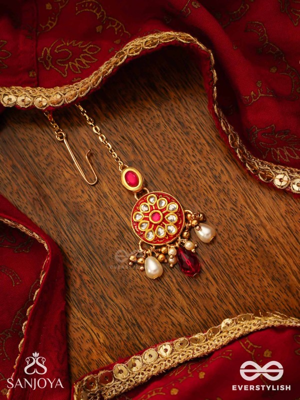 AGNITA - FIERY BEAUTY - INTRICATE KUNDAN RED POLKI MAANGTIKA WITH PEARLS AND GEM FRINGES