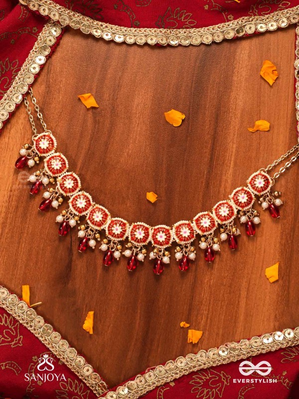 RUDRANJALI - SACRED RED OFFERING- TRADITIONAL RED ENAMELLED POLKI CHOKER WITH LUSTROUS BEADS AND PEARLS