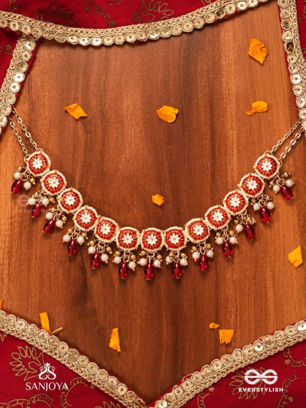 RUDRANJALI - SACRED RED OFFERING- TRADITIONAL RED ENAMELLED POLKI CHOKER WITH LUSTROUS BEADS AND PEARLS