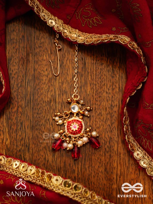 TRADITIONAL RED ENAMELLED POLKI MAANGTIKA WITH LUSTROUS BEADS AND PEARLS