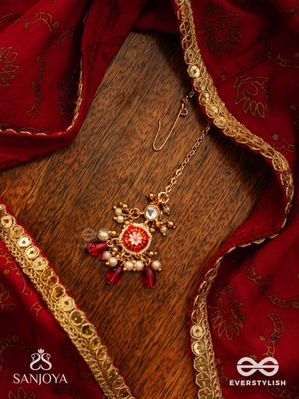 TRADITIONAL RED ENAMELLED POLKI MAANGTIKA WITH LUSTROUS BEADS AND PEARLS