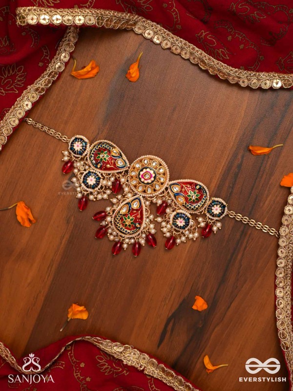 SUVARNAPUSHPA - GOLDEN BLOSSOM - LUXURIOUS HERITAGE KUNDAN NECKLACE WITH RED AND BLUE ENAMEL WORK, PEARLS AND BEADS