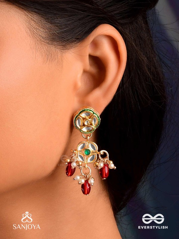 VIMALA - PURE AND DIVINE - ORNATE  KUNDAN EARRINGS WITH ROYAL RED STONES AND PEARLS