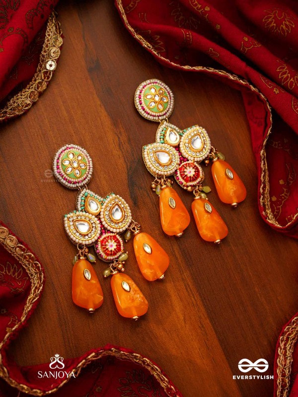 VASANTINI - SPRING’S BEAUTY - GRAND KUNDAN EARRINGS WITH PEARLS, BEADS AND GEM FRINGES
