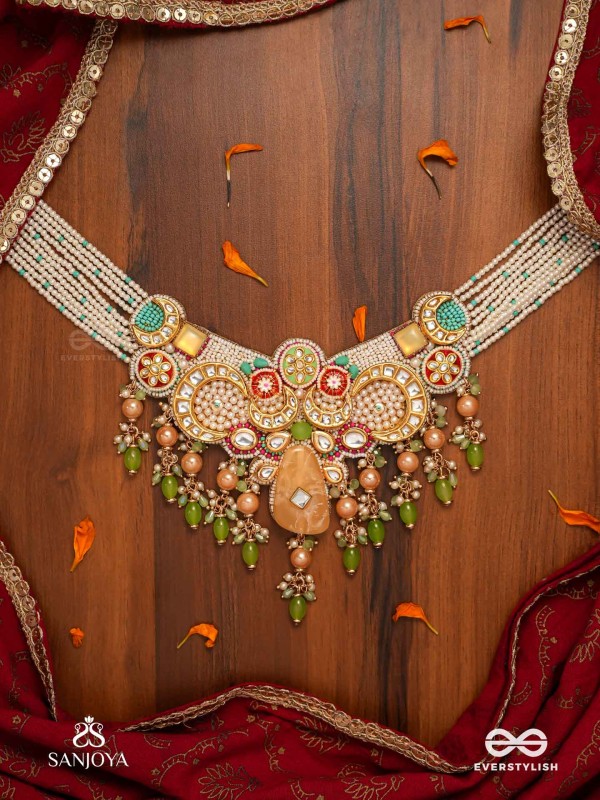 VASANTINI - SPRING’S BEAUTY - GRAND KUNDAN MULTI-CHAIN NECKLACE WITH PEARLS, BEADS AND GEM FRINGES