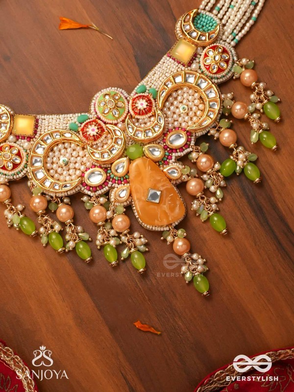 VASANTINI - SPRING’S BEAUTY - GRAND KUNDAN MULTI-CHAIN NECKLACE WITH PEARLS, BEADS AND GEM FRINGES