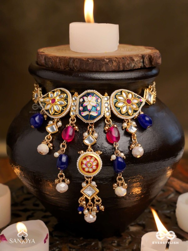 SANDHYARAGA - EVENING HUES - EXQUISITE KUNDAN NECKLACE WITH ENAMELLING AND GEM DROPS