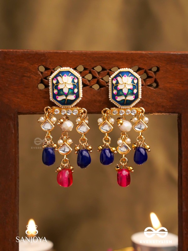 SANDHYARAGA - EVENING HUES - EXQUISITE KUNDAN EARRINGS WITH ENAMELLING AND GEM DROPS