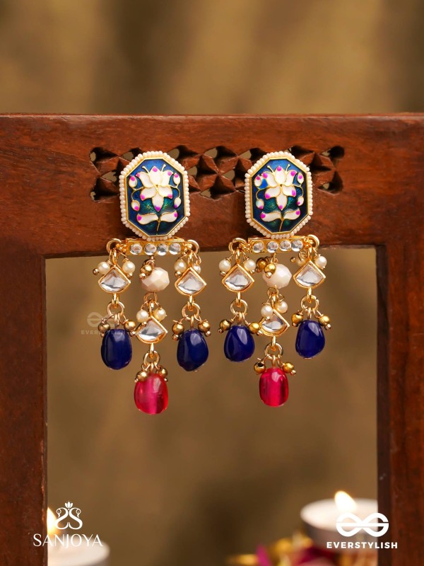 SANDHYARAGA - EVENING HUES - EXQUISITE KUNDAN EARRINGS WITH ENAMELLING AND GEM DROPS