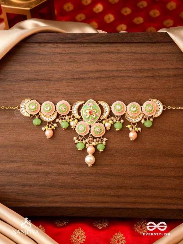 HARITRINA - VERDANT BEAUTY - KUNDAN DAINTY GOLDEN NECKLACE WITH HANDCRAFTED FLORAL ENAMEL WORK