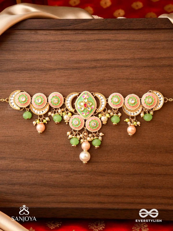 HARITRINA - VERDANT BEAUTY - KUNDAN DAINTY GOLDEN NECKLACE WITH HANDCRAFTED FLORAL ENAMEL WORK