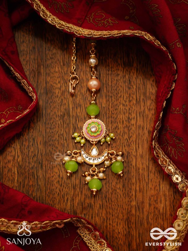 HARITRINA - VERDANT BEAUTY - KUNDAN DAINTY GOLDEN MAANGTIKA WITH HANDCRAFTED FLORAL ENAMEL WORK