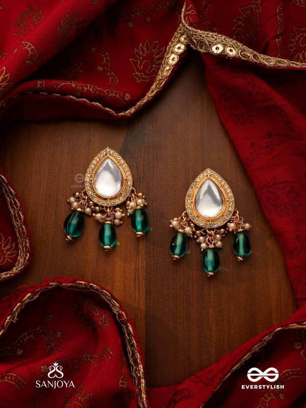 INDRANEELA - BLUE SAPPHIRE GLOW - ROYAL KUNDAN POLKI EARRINGS WITH SPARKLING TEAL GEMSTONES