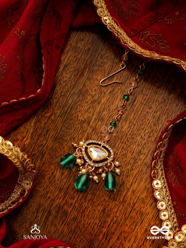 INDRANEELA - BLUE SAPPHIRE GLOW - ROYAL KUNDAN POLKI MAANGTIKA WITH SPARKLING TEAL GEMSTONES